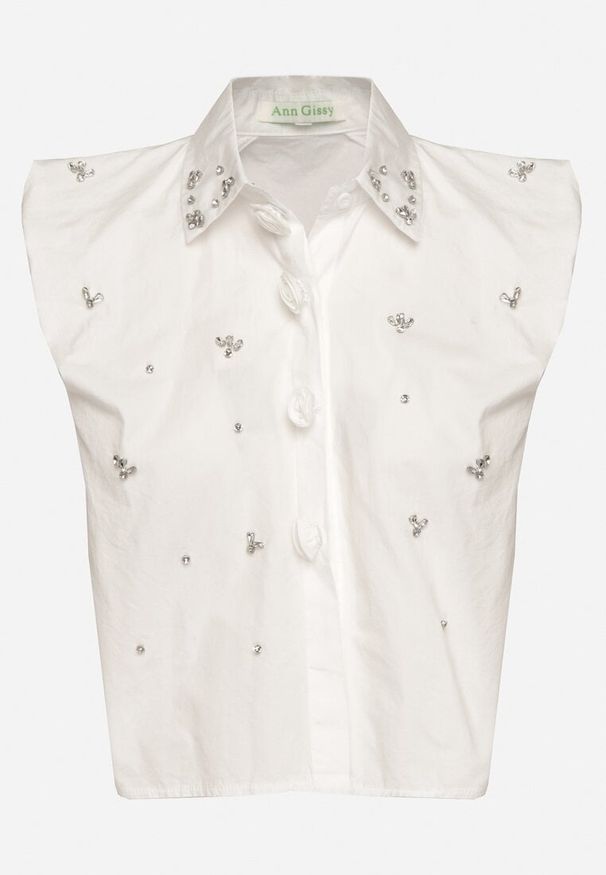 Born2be - Biała Bawełniana Koszula bez Rękawów z Cyrkoniami Aseki. Okazja: na co dzień. Typ kołnierza: kołnierzyk klasyczny. Kolor: biały. Materiał: bawełna. Długość rękawa: bez rękawów. Styl: elegancki, casual, klasyczny