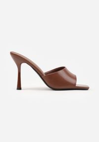 Renee - Brązowe Klapki na Szpilce z Kwadratowym Noskiem Peep Toe Avenata. Okazja: na co dzień, na randkę. Nosek buta: otwarty. Kolor: brązowy. Materiał: jeans, skóra, koronka. Obcas: na szpilce. Styl: casual #8