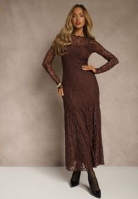 Renee - Brązowa Elegancka Sukienka z Koronki z Odkrytymi Plecami Lilafera. Okazja: na co dzień. Typ kołnierza: dekolt na plecach. Kolor: brązowy. Materiał: koronka. Długość rękawa: na ramiączkach. Wzór: koronka. Styl: elegancki #4