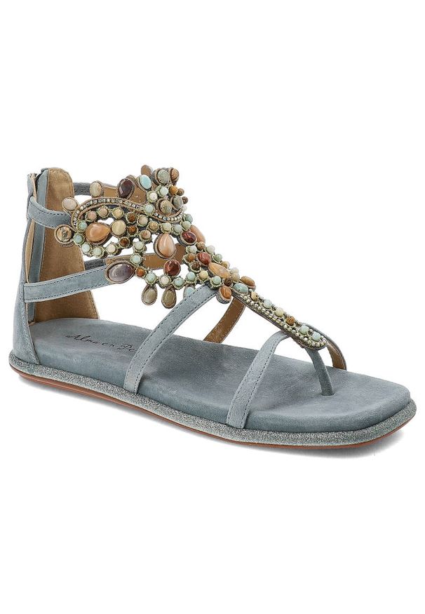 Niebieskie Sandały Alma En Pena Płaskie Buty Na Lato. Okazja: na co dzień. Kolor: niebieski. Materiał: zamsz, skóra. Sezon: lato. Styl: boho, elegancki, casual