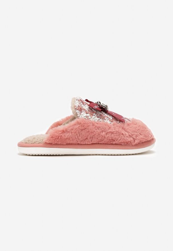 Born2be - Czerwone Kapcie Futrzane z Kokardką Odelicca. Kolor: czerwony. Materiał: futro
