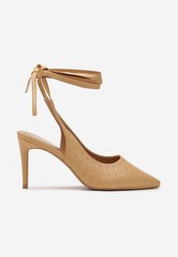 Born2be - Jasnobrązowe Sandały z Ekoskóry z Kryształkami na Szpilce z Wiązaniem Vlegia. Kolor: brązowy. Wzór: aplikacja. Obcas: na szpilce. Styl: elegancki #5