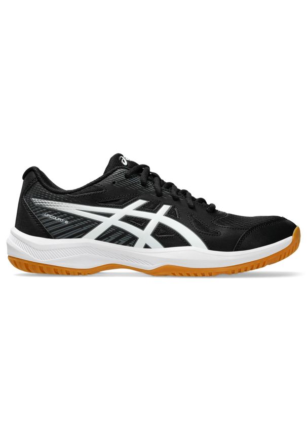 Buty halowe Asics Upcourt 6. Kolor: biały, wielokolorowy, czarny. Materiał: materiał, syntetyk. Sport: piłka ręczna, tenis, siatkówka