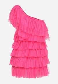 Born2be - Fuksjowa Sukienka Mini na Jedno Ramię Asymetryczna z Falbankami Nomenta. Typ kołnierza: kołnierz z falbankami. Kolor: różowy. Typ sukienki: asymetryczne. Długość: mini #3