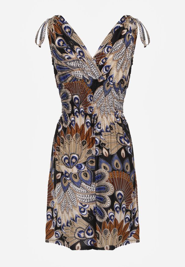 Born2be - Czarno-Niebieska Sukienka Olon. Okazja: na co dzień. Kolor: czarny. Długość rękawa: bez rękawów. Wzór: kolorowy, aplikacja. Sezon: lato. Typ sukienki: proste, kopertowe. Styl: casual. Długość: mini