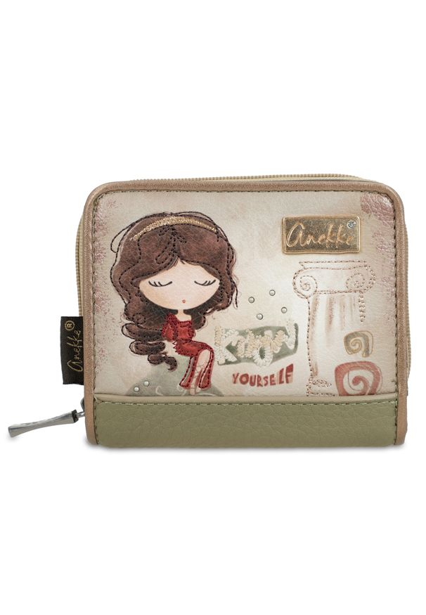 Beżowy Damski Kompaktowy Portfel Anekke. Kolor: beżowy. Materiał: materiał. Wzór: haft