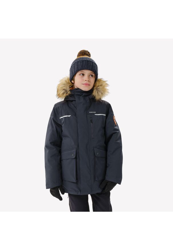 quechua - Parka turystyczna dla dzieci Quechua NH900 wodoodporna. Typ kołnierza: kołnierzyk stójkowy. Kolor: szary, pomarańczowy, wielokolorowy. Materiał: futro. Sezon: zima. Styl: sportowy, elegancki