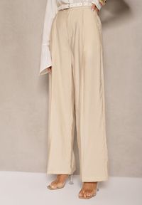 Renee - Jasnobeżowe Garniturowe Spodnie High Waist o Szerokim Kroju Efrase. Okazja: na co dzień. Stan: podwyższony. Kolor: beżowy. Styl: casual #4