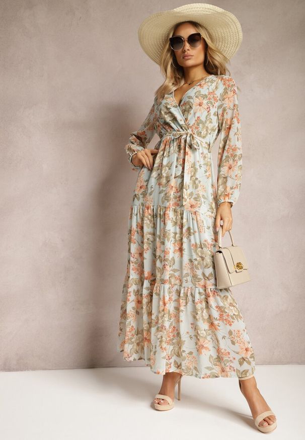 Renee - Miętowa Sukienka Maxi z Kopertowym Dekoltem i Gumką z Wiązaniem w Talii Alret. Kolor: miętowy. Długość rękawa: długi rękaw. Wzór: kwiaty. Typ sukienki: kopertowe. Długość: maxi