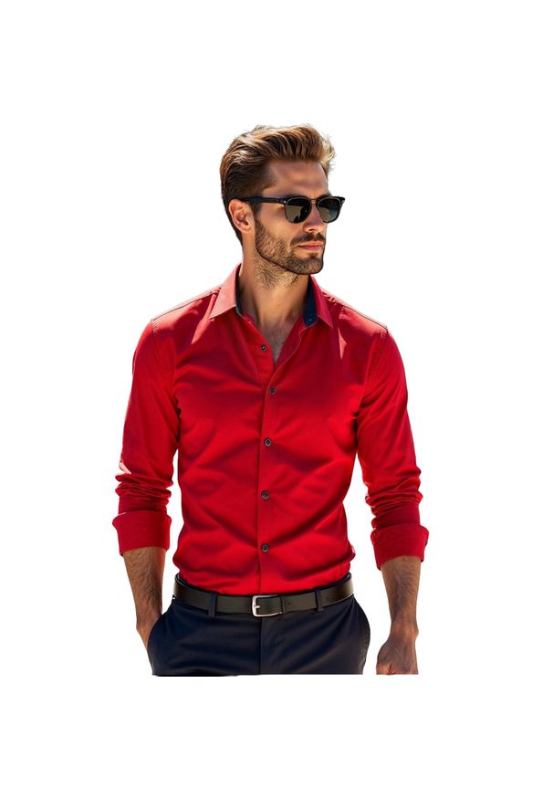 Modini - Czerwona koszula męska z granatowymi kontrastami Y02. Kolor: czerwony, niebieski, wielokolorowy. Materiał: poliester, bawełna, tkanina