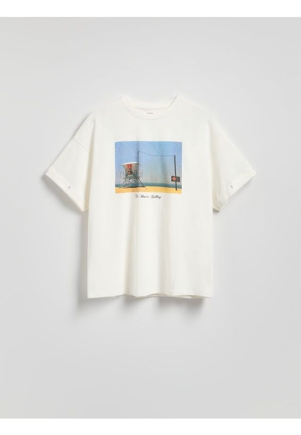 Reserved - T-shirt z nadrukiem - złamana biel. Materiał: bawełna, dzianina. Wzór: nadruk