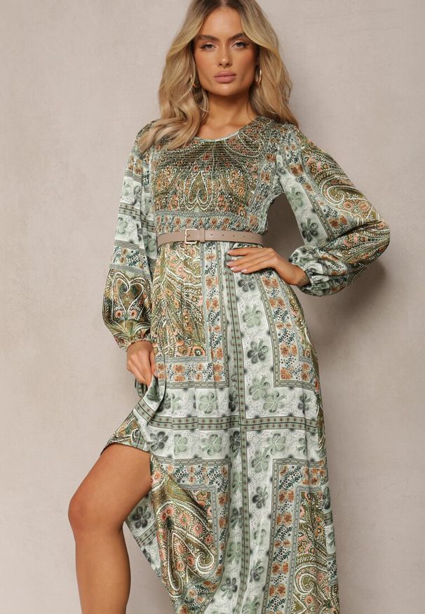 Renee - Zielona Sukienka Maxi Boho z Bufiastym Rękawem i Rozkloszowanym Dołem Veltiana. Okazja: na co dzień. Kolor: zielony. Materiał: materiał. Typ sukienki: proste, rozkloszowane. Styl: boho. Długość: maxi