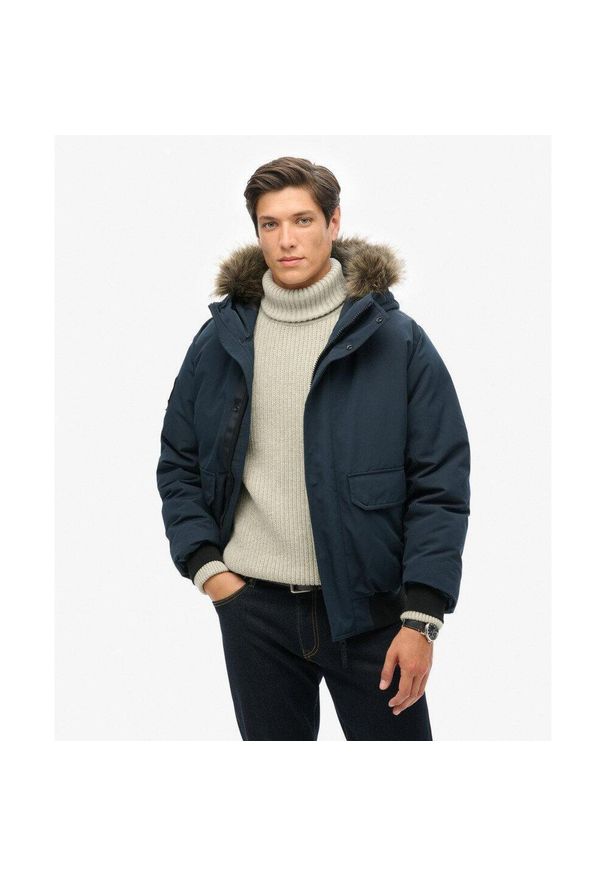 Superdry - Kurtka Bomber z Ekologicznej Futrzanej Wstawki Everest. Kolor: niebieski. Materiał: futro. Długość rękawa: długi rękaw