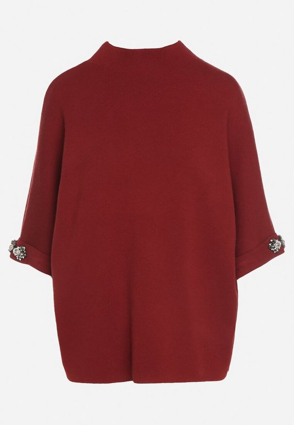 Born2be - Bordowy Sweter Ozdobiony na Rękawach Cyrkoniami Aletusa. Okazja: na co dzień. Kolor: czerwony. Materiał: jeans. Wzór: aplikacja. Styl: elegancki, casual