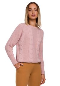 MOE - Sweter w Warkocze ze Ściągaczami - Różowy. Kolor: różowy. Materiał: poliamid, akryl