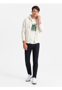 Ombre Clothing - Męska rozpinana bluza dresowa BASIC – kremowa V5. Okazja: na co dzień. Typ kołnierza: kaptur. Kolor: kremowy. Materiał: dresówka. Styl: casual