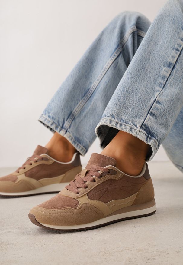 Born2be - Ciemnobeżowe Sneakersy Casualowe z Imitacji Zamszu z Podeszwą z Bieżnikiem Alevtina. Okazja: na co dzień. Zapięcie: sznurówki. Kolor: beżowy. Materiał: zamsz
