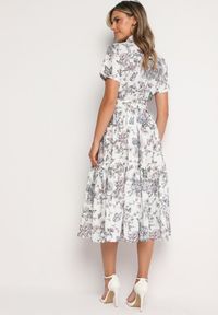 Born2be - Biało-Szara Koktajlowa Sukienka w Kwiaty z Gumką w Talii i Ozdobnym Paskiem Vimaretta. Okazja: na co dzień. Kolor: biały. Materiał: tkanina, jeans. Wzór: kwiaty. Sezon: lato. Styl: wizytowy #6