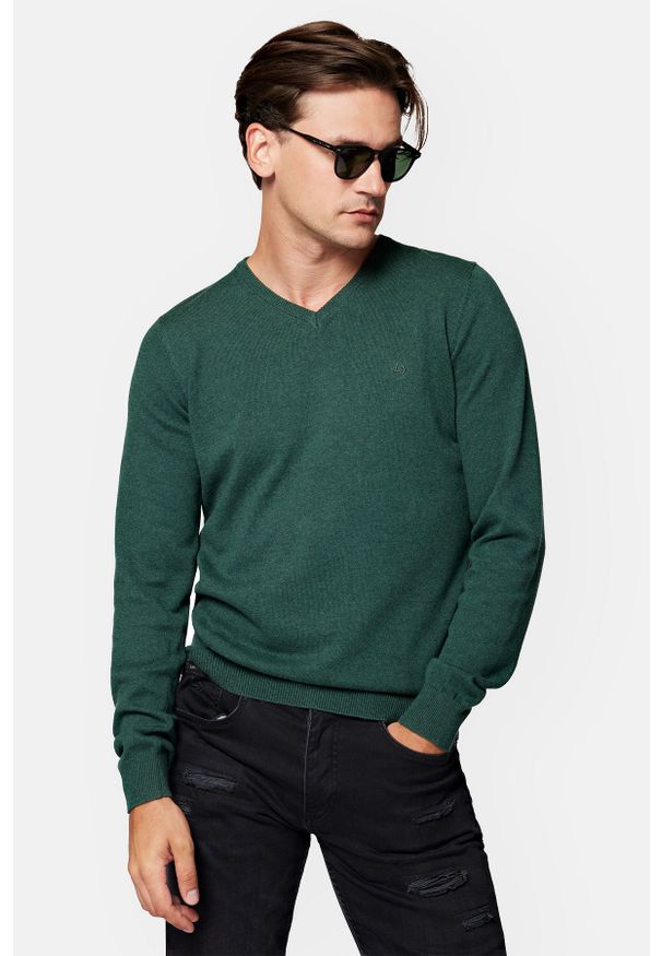 Lancerto - Sweter Zielony z Bawełną w Serek Lenny. Typ kołnierza: dekolt w serek. Kolor: zielony. Materiał: bawełna, elastan