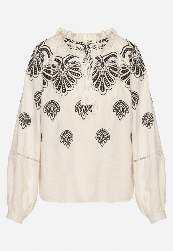 Born2be - Beżowa Bawełniana Bluzka ze Wzorem Boho Nilowena. Okazja: na co dzień. Kolor: beżowy. Materiał: bawełna. Wzór: aplikacja. Styl: boho