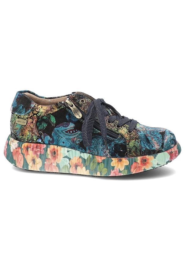 Sneakersy damskie Laura Vita, skórzane na platformie z wzorkami z okrągłym noskiem sznurowane i na suwak, indigo, Nikito-04-SO26803-4K. Okazja: na co dzień. Nosek buta: okrągły. Zapięcie: sznurówki. Materiał: skóra. Szerokość cholewki: normalna. Wzór: aplikacja, kwiaty. Obcas: na platformie. Styl: casual