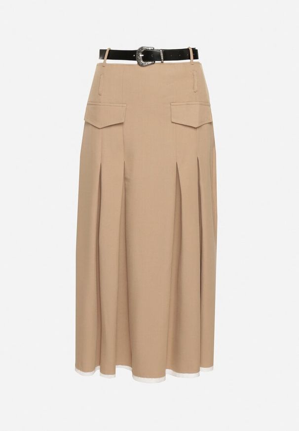 Born2be - Beżowa Plisowana Rozkloszowana Spódnica z Imitacją Kieszeni Paskiem i Gumką w Talii Evisthai. Okazja: na co dzień. Kolor: beżowy. Styl: elegancki, casual