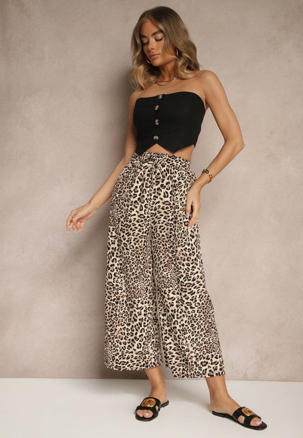 Renee - Czarno-Beżowe Spodnie Wide Leg z Gumką w Talii w Panterkowy Wzór Filanira. Okazja: na co dzień. Kolor: czarny. Styl: elegancki, casual