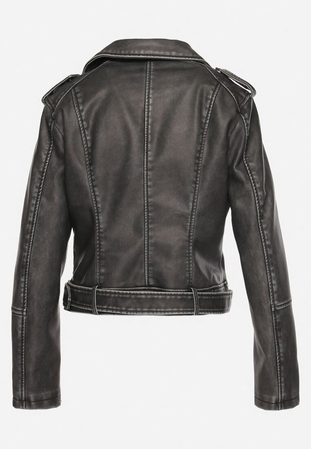 Born2be - Szara Kurtka Ramoneska z Ozdobnym Paskiem na Dole i Asymetrycznym Suwakiem Etoisa. Okazja: na co dzień. Kolor: szary. Materiał: jeans. Długość rękawa: krótki rękaw. Długość: krótkie. Styl: elegancki, casual