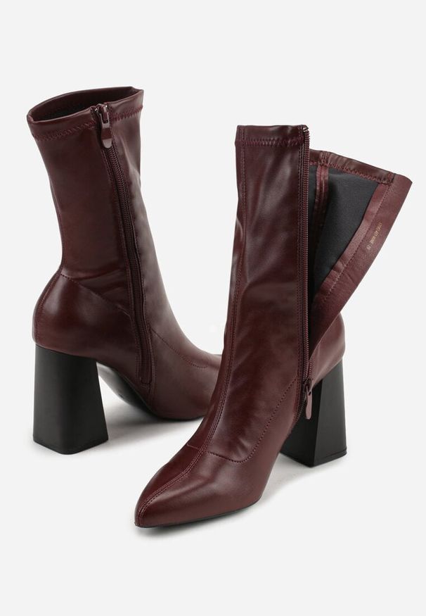 Born2be - Bordowe Eleganckie Botki Vices na Słupku z Dopasowaną Cholewką Alivitta. Okazja: na co dzień. Kolor: czerwony. Materiał: jeans. Szerokość cholewki: normalna. Obcas: na słupku. Styl: elegancki. Wysokość obcasa: średni