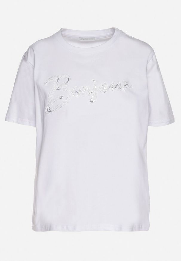 Born2be - Biały T-shirt z Bawełny o Kroju Oversize z Haftem i Cekinami Uliowena. Okazja: na co dzień, na spacer. Kolor: biały. Materiał: bawełna. Wzór: haft. Sezon: lato. Styl: casual