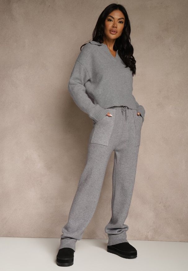 Renee - Szare Spodnie z Wełną ze Sznurkiem i Ozdobnymi Kieszeniami Moneressa. Okazja: na co dzień. Kolor: szary. Materiał: wełna. Styl: casual