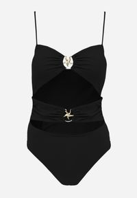Renee - Czarny Jednoczęściowy Strój Kąpielowy Na Cienkich Ramiączkach ze Złotymi Ozdobami i Wycięciami Nonanoe. Kolekcja: plus size. Kolor: czarny. Materiał: jeans. Wzór: aplikacja #5