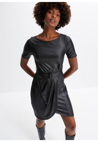 bonprix - Sukienka z paskiem, ze sztucznej skóry. Kolor: czarny. Materiał: skóra. Styl: elegancki
