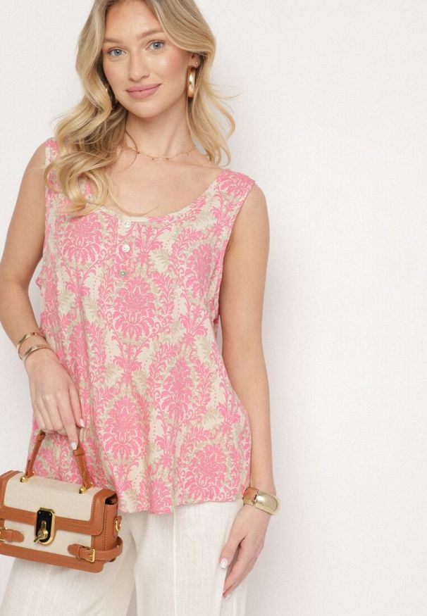 Born2be - Różowo-Beżowa Bluzka z Bawełny ze Wzorem Boho Napolea. Kolor: różowy. Materiał: bawełna. Styl: boho