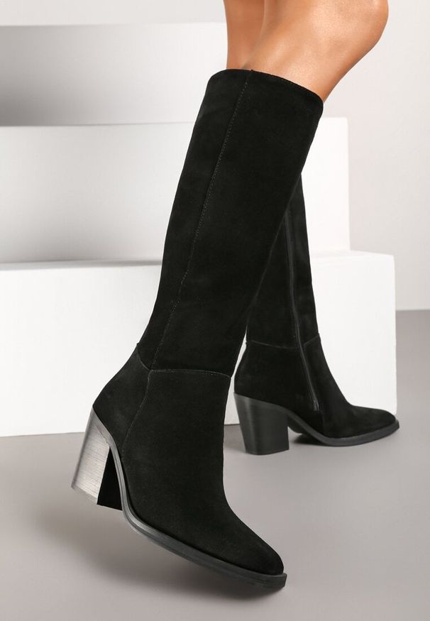 Born2be - Czarne Kozaki na Obcasie ze Skóry Naturalnej Reanoria. Okazja: na co dzień, na spotkanie biznesowe. Zapięcie: zamek. Kolor: czarny. Materiał: skóra. Obcas: na obcasie. Styl: biznesowy, casual, elegancki. Wysokość obcasa: średni