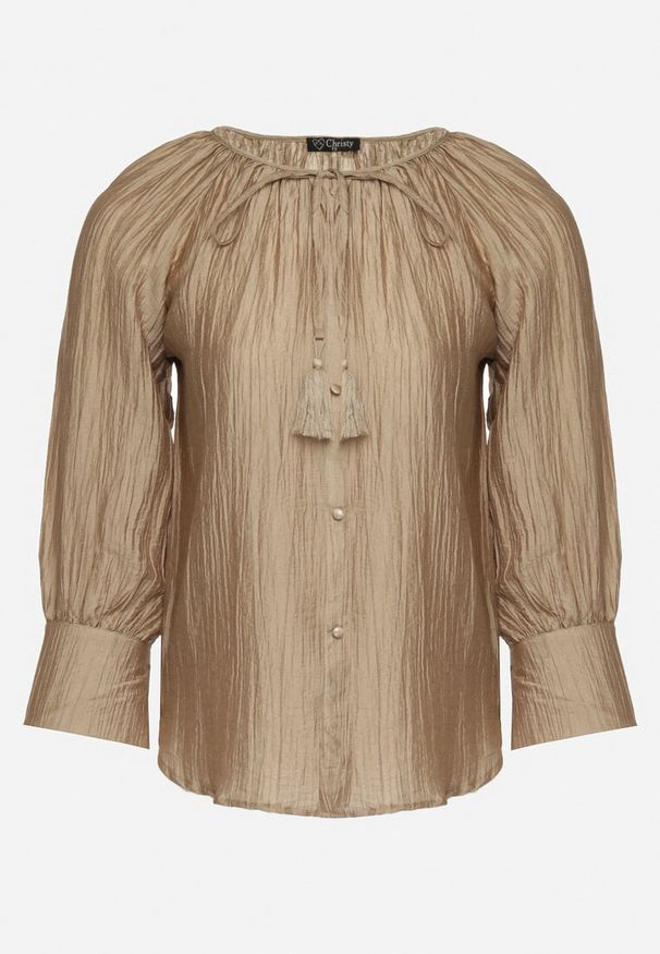 Born2be - Ciemnobeżowa Koszula Wiskozowa z Guzikami Ozdobnymi i Troczkami Aulina. Okazja: na spotkanie biznesowe, do pracy. Kolor: beżowy. Materiał: wiskoza. Styl: elegancki, biznesowy