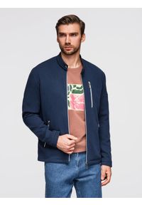 Ombre Clothing - Strukturalna kurtka biker męska ze stójką – ciemnoniebieska V1 - Rozmiar: M. Okazja: na co dzień. Typ kołnierza: kołnierzyk stójkowy. Kolor: niebieski. Materiał: skóra, poliester, dzianina. Styl: casual, elegancki