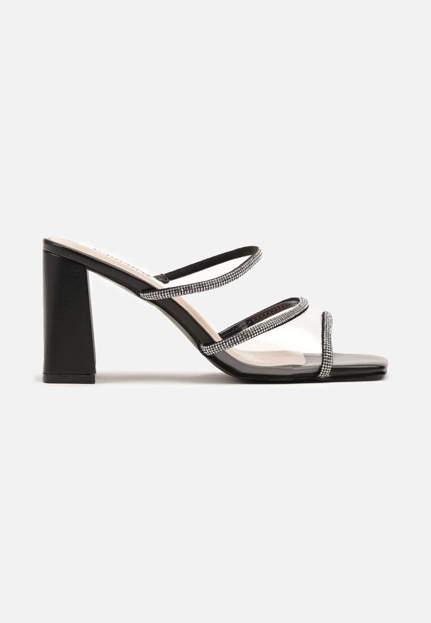Born2be - Czarne Klapki z Cyrkoniami i Kwadratowym Noskiem Grellexia. Okazja: na co dzień. Kolor: czarny. Materiał: jeans. Obcas: na słupku. Styl: elegancki, casual