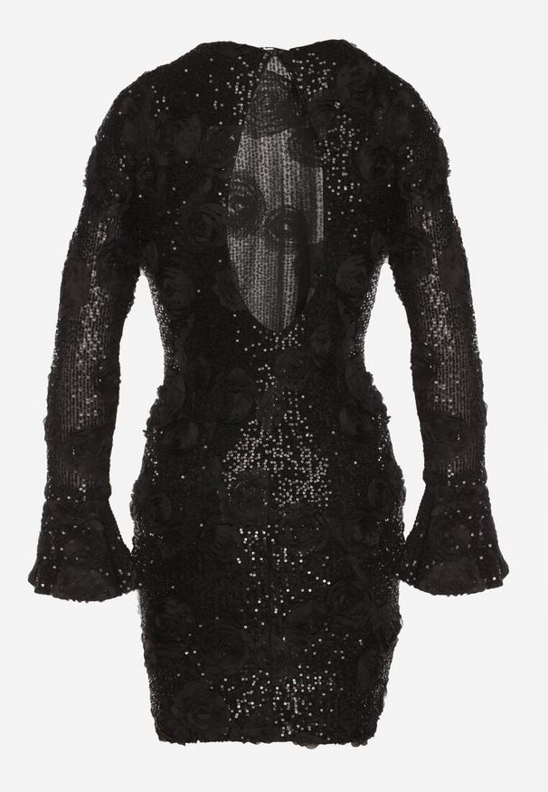 Born2be - Czarna Cekinowa Sukienka z Kwiatami 3D Naweda. Okazja: na spotkanie biznesowe. Kolor: czarny. Materiał: poliester, jeans. Wzór: kwiaty. Styl: biznesowy