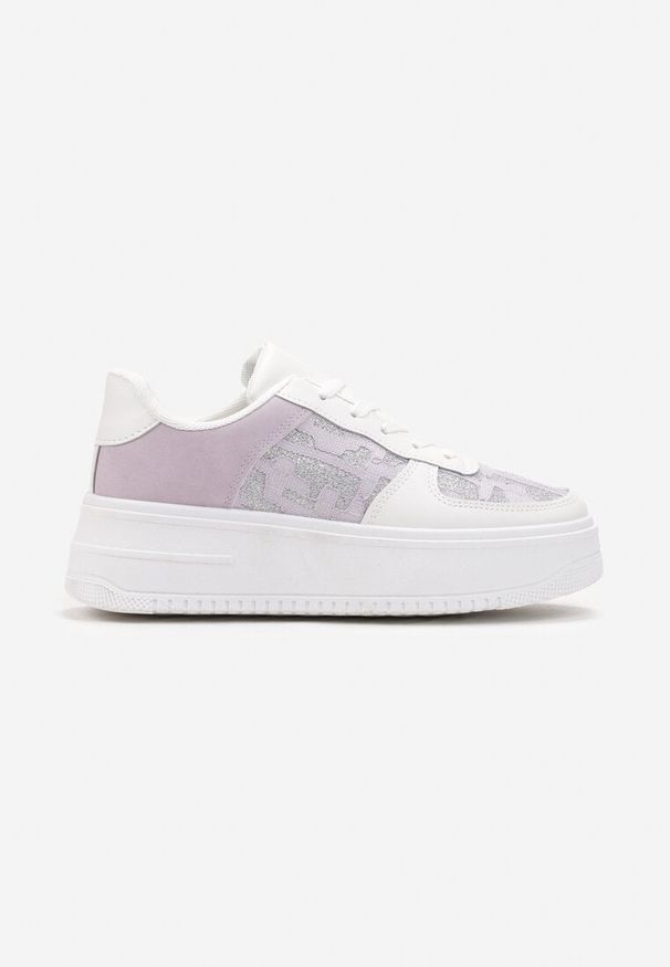 Renee - Biało-Fioletowe Sneakersy na Niskiej Platrofmie z Brokatowymi Wstawkami Enollas. Kolor: fioletowy. Wzór: aplikacja