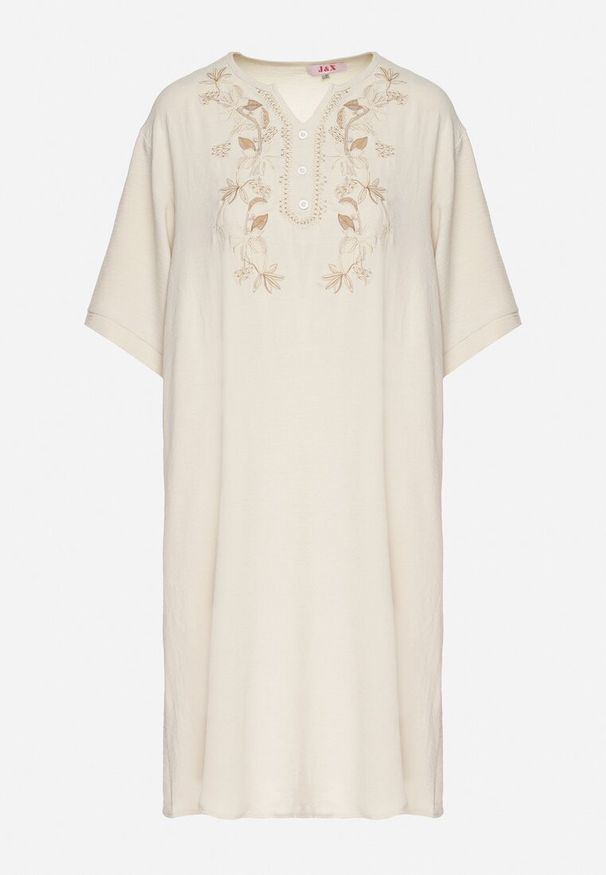 Born2be - Jasnobeżowa Sukienka Pudełkowa z Guzikami i Ozdobnymi Haftami Jenivanea. Okazja: na co dzień. Typ kołnierza: dekolt w serek. Kolor: beżowy. Materiał: skóra. Długość rękawa: długi rękaw. Wzór: haft. Styl: casual, elegancki
