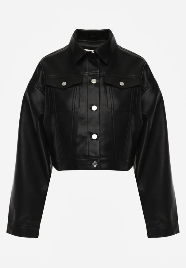 Born2be - Czarna Kurtka Ramoneska o Krótkim Koszulowym Kroju Savalorne. Okazja: na co dzień. Kolor: czarny. Materiał: jeans, skóra, satyna, poliester. Długość: krótkie. Styl: elegancki, klasyczny, casual