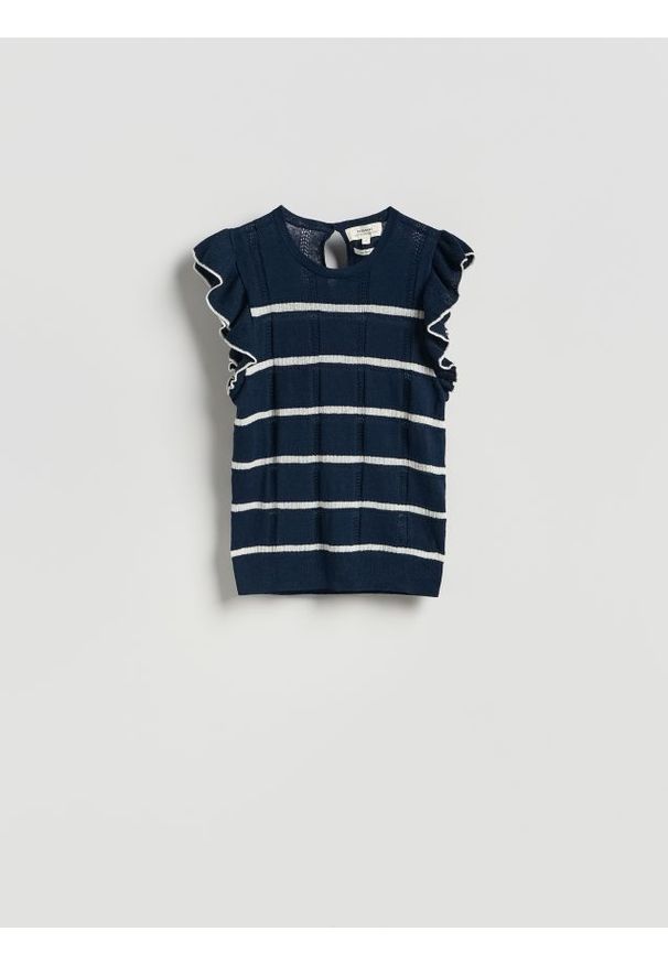 Reserved - Bluzka w paski - granatowy. Kolor: niebieski. Materiał: prążkowany, dzianina, len, bawełna. Wzór: paski