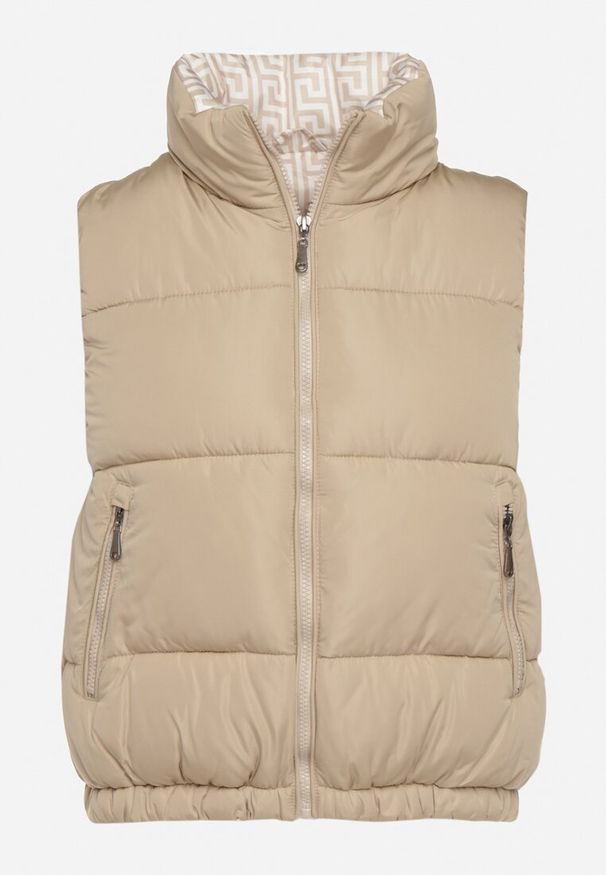 Born2be - Ciemnobeżowa Pikowana Kamizelka z Ozdobną Podszewką Olianela. Okazja: na spacer, na co dzień. Kolor: beżowy. Materiał: jeans. Wzór: aplikacja. Styl: casual, elegancki