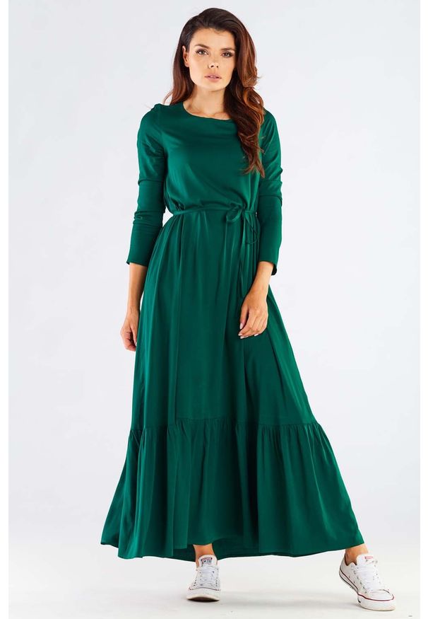 Awama - Maxi Sukienka z Długim Rękawem z Falbanką na Dole - Zielona. Kolor: zielony. Materiał: elastan, wiskoza. Długość rękawa: długi rękaw. Długość: maxi