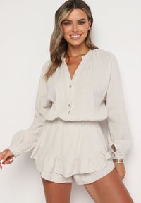 Born2be - Jasnobeżowy Bawełniany Kombinezon z Elastyczną Gumką w Talii i Spódnico-Spodenkami Gleasea. Okazja: na co dzień. Kolor: beżowy. Materiał: bawełna. Styl: casual, elegancki #1