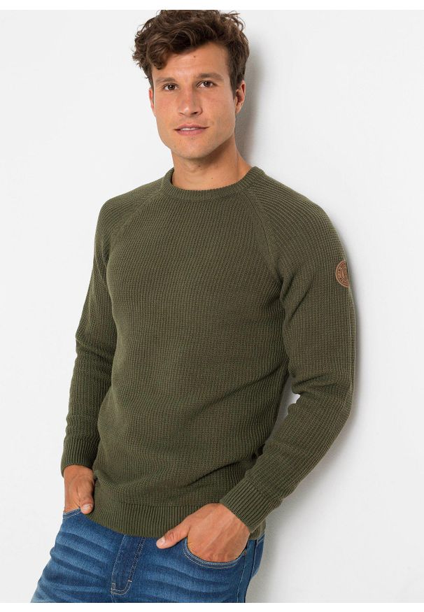 bonprix - Sweter o luźnym splocie z bawełny z recyklingu. Kolor: zielony. Materiał: bawełna. Wzór: ze splotem