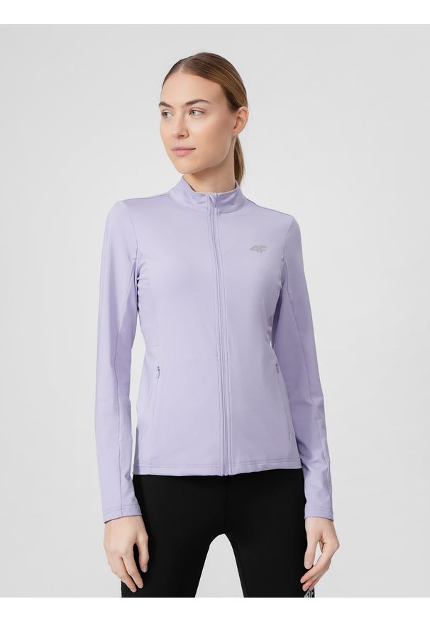 4f - Bluza do biegania rozpinana bez kaptura damska. Typ kołnierza: bez kaptura. Kolor: fioletowy. Materiał: dzianina, materiał, elastan. Sport: fitness