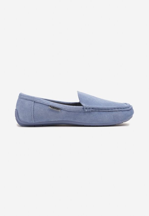 Renee - Granatowe Mokasyny z Ekozamszu Zdobione Przeszyciami Zeanise. Kolor: niebieski. Materiał: jeans. Wzór: aplikacja. Obcas: na obcasie. Styl: klasyczny, elegancki. Wysokość obcasa: niski