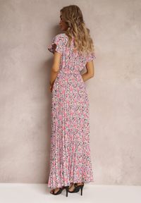 Renee - Jasnofioletowa Plisowana Sukienka Maxi w Kwiatki z Gumką w Talii Ikama. Kolor: fioletowy. Materiał: materiał. Wzór: kwiaty. Długość: maxi #4